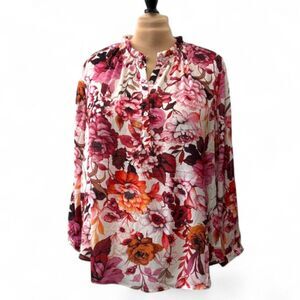 PREMISE Woman Floral Button Front Ruffle Neck Longsleeve Blouse, NWT! Size 3X